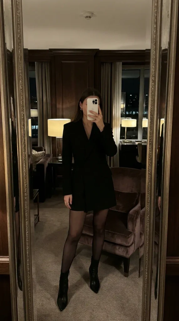 Woman in tailored black blazer dress with sheer tights and boots for New Year Outfit Ideas Parties.