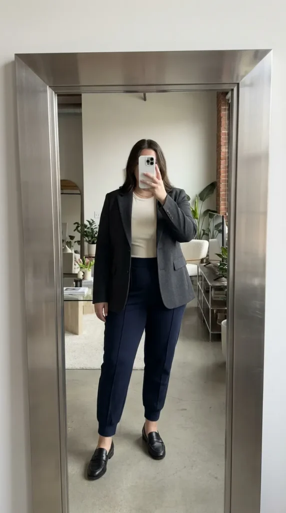 Plus-size woman in gray blazer and navy joggers showing business casual outfit ideas for plus size women.