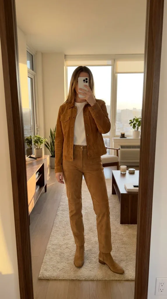 Woman in tan suede jacket, pants & boots posing for textured Fall Monochrome Outfit Ideas.