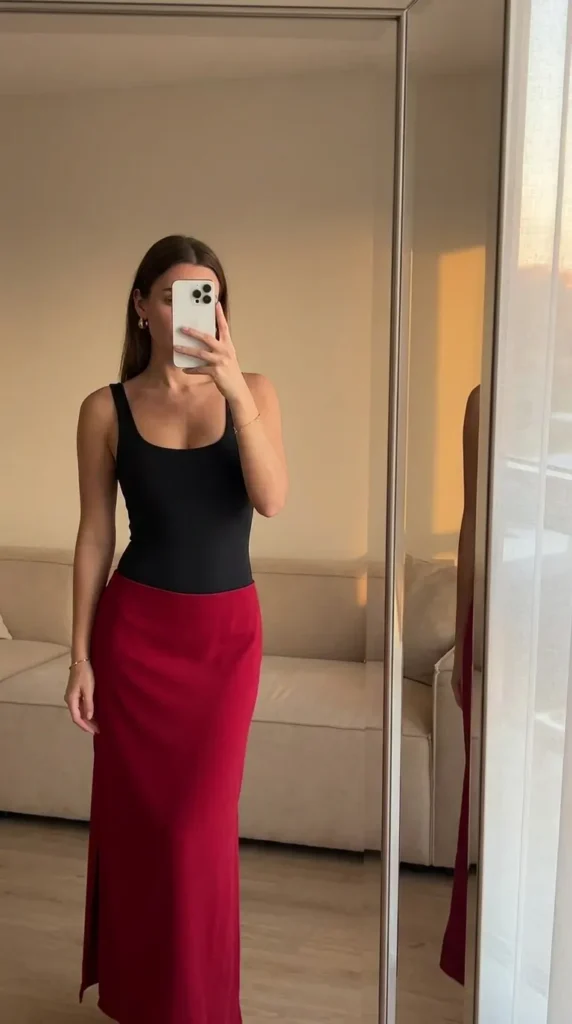 Woman in black tank bodysuit with slit long red skirt outfit ideas for this summer in a minimal room.