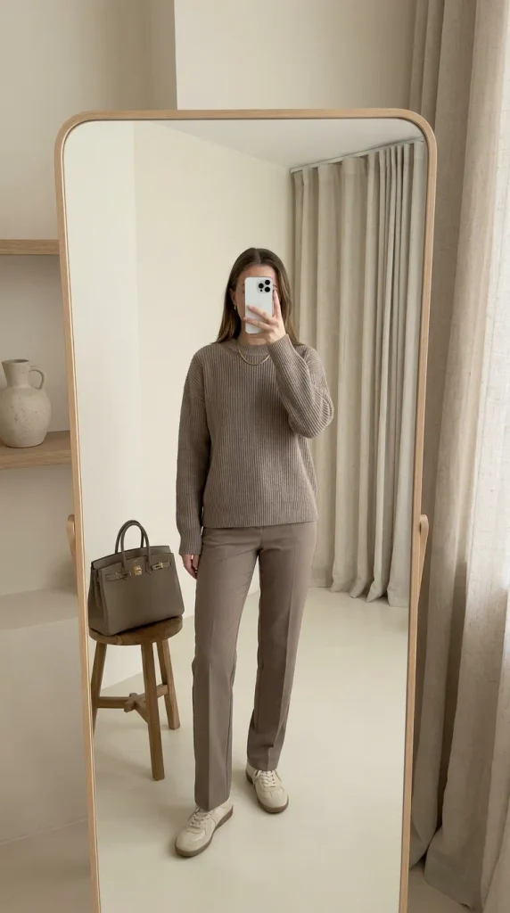 Woman in taupe sweater, trousers & sneakers with bag showing minimal Fall Monochrome Outfit Ideas.