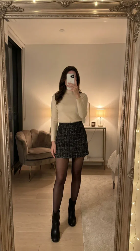 Woman in fitted mock-neck top, tweed mini skirt and boots for New Year Outfit Ideas Parties.