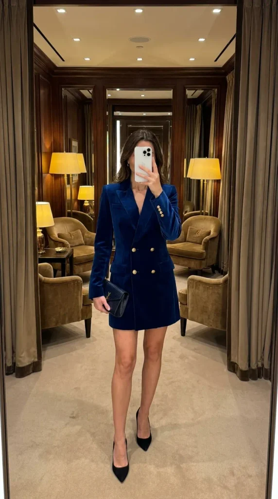 Bold New Year Eve Outfit Ideas for Women in a deep blue velvet blazer dress with gold buttons.