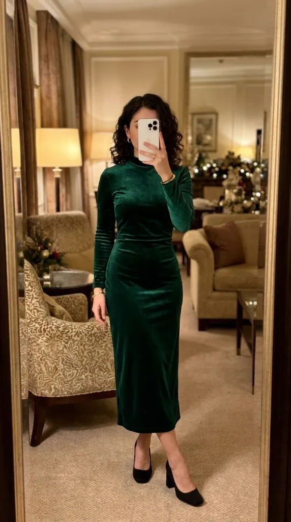 Woman in emerald green velvet midi dress and block heels for New Year Outfit Ideas Parties.
