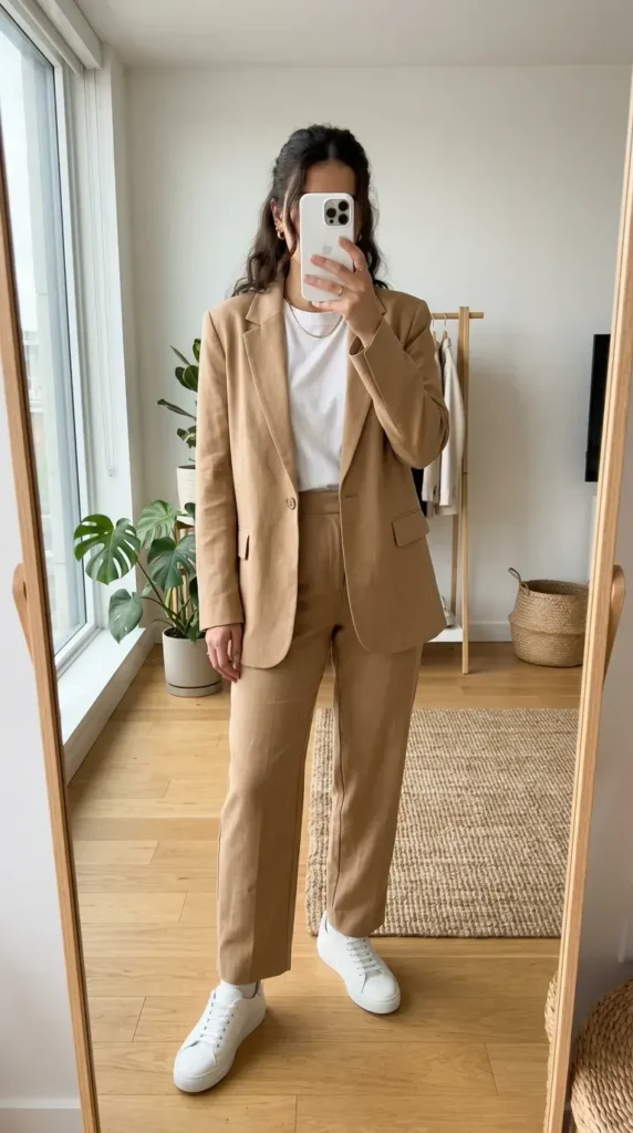 Woman in tan blazer and trousers over white tee taking mirror selfie. Monochrome Outfit Ideas That Make Getting Dressed Ridiculously Easy