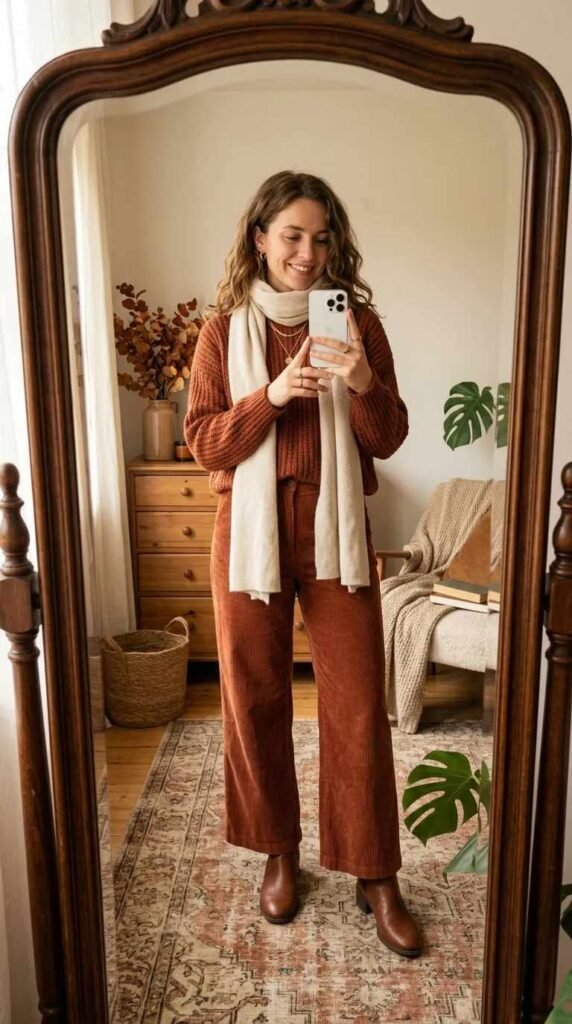 Woman in terracotta sweater, cream scarf & corduroy pants taking mirror selfie. Monochrome Outfit Ideas That Make Getting Dressed Ridiculously Easy