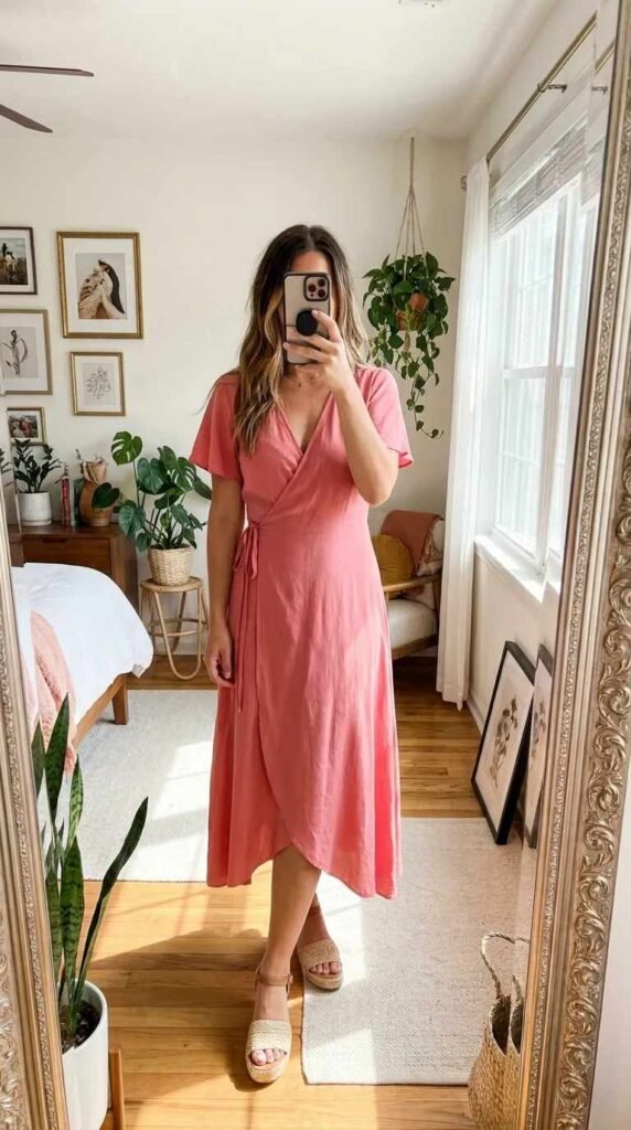 Woman in watermelon pink wrap dress taking a mirror selfie – All Pink Outfit Ideas