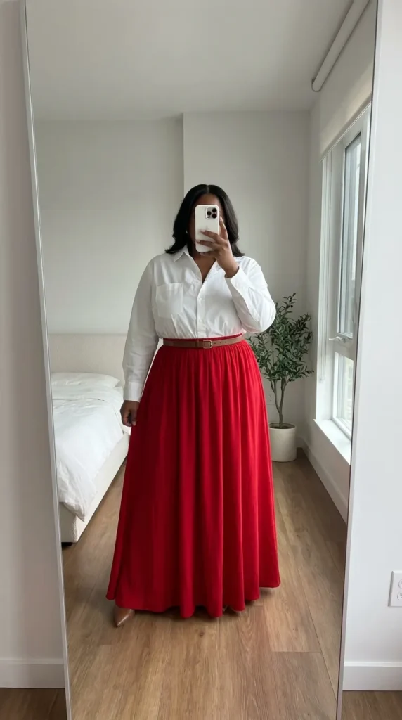 Plus size woman in white shirt and long red maxi skirt, classic Long Red Skirt Outfit Ideas for Plus Size women