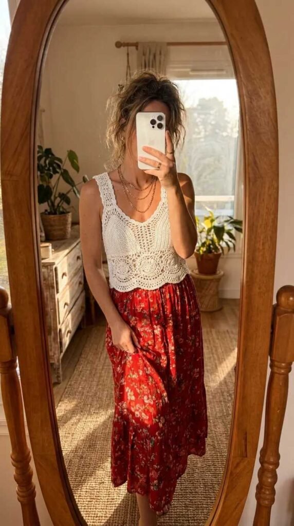 Woman in white crochet top with floral long red skirt outfit ideas for this summer mirror selfie.