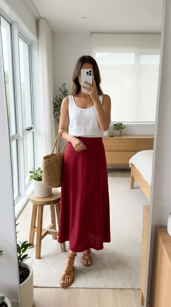 Woman in white linen tank with flowy long red skirt outfit ideas for this summer holding a woven bag.