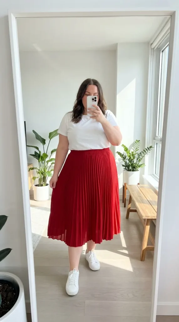 Curvy woman in white tee and long red pleated skirt with sneakers, simple Long Red Skirt Outfit Ideas for Plus Size women