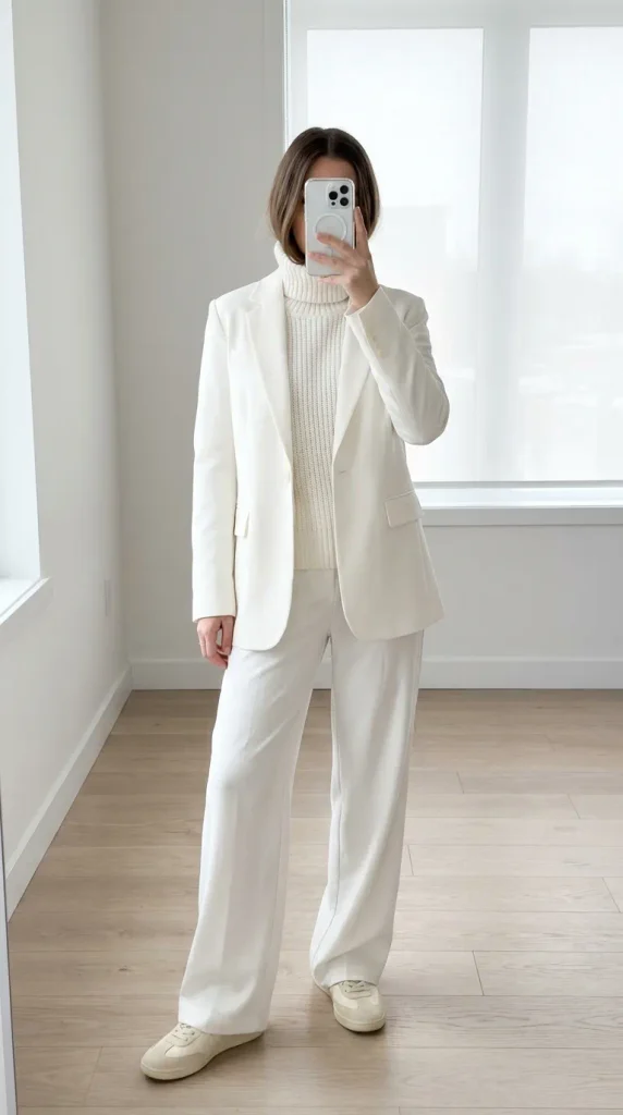 Woman in white blazer, turtleneck, wide pants & sneakers showing clean Fall Monochrome Outfit Ideas.