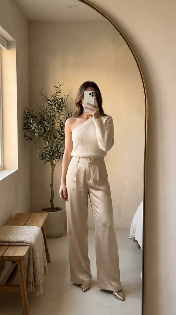Woman in one-shoulder knit top and wide-leg satin pants for New Year Outfit Ideas Parties.