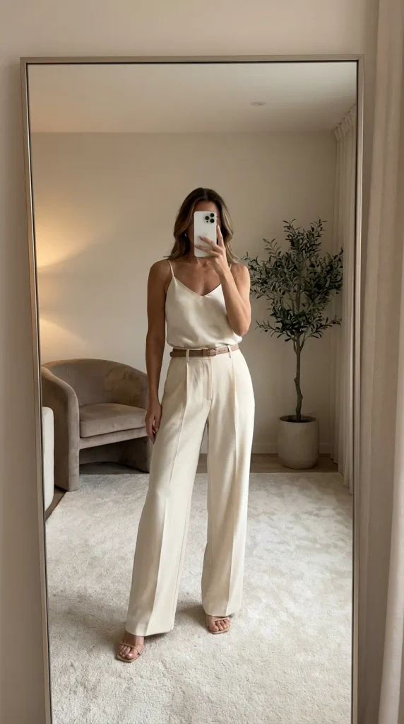 Chic New Year Eve Outfit Ideas for Women with cream silk cami, wide-leg trousers and sandals.