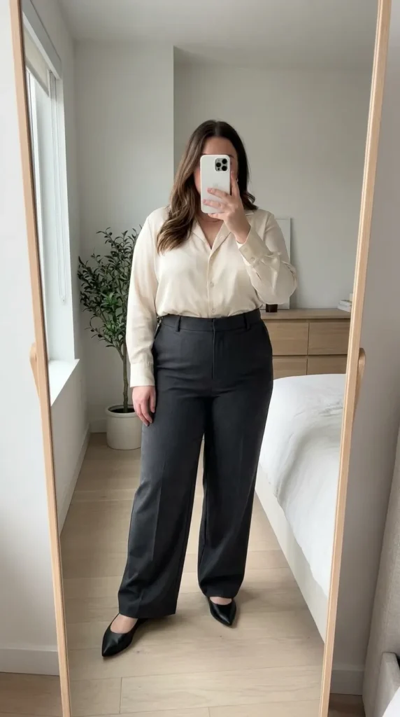 Plus-size woman in wide-leg trousers and tucked blouse for business casual outfit ideas for plus size women.