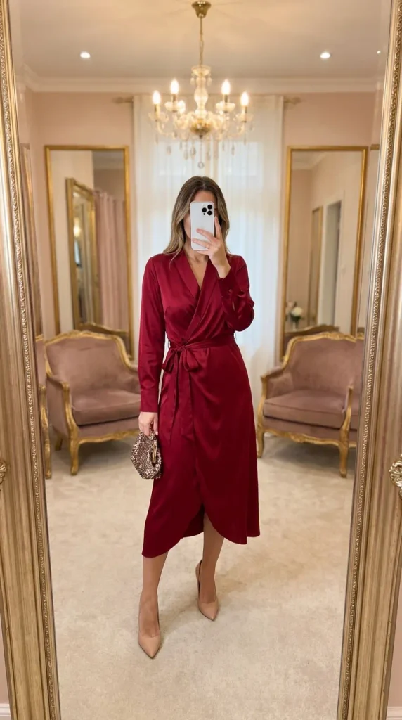 Luxe New Year Eve Outfit Ideas for Women wearing a rich burgundy wrap dress and nude heels.