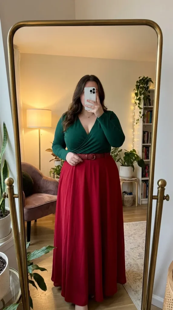 Plus size woman in green wrap top and long red flowy skirt, bold Long Red Skirt Outfit Ideas for Plus Size women