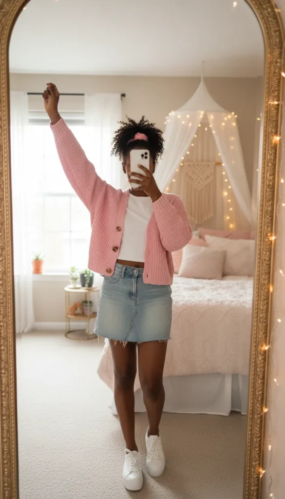 Black woman in baby pink cardigan over white top and denim skirt – All Pink Outfit Ideas for Black Women