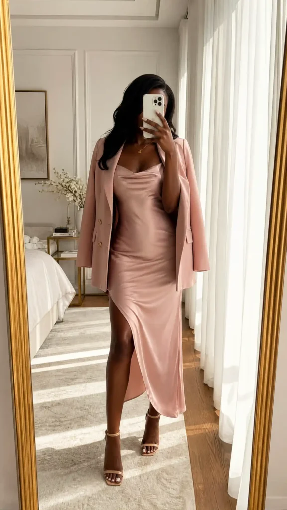 Black woman in blush blazer over satin slip dress with slit – All Pink Outfit Ideas for Black Women