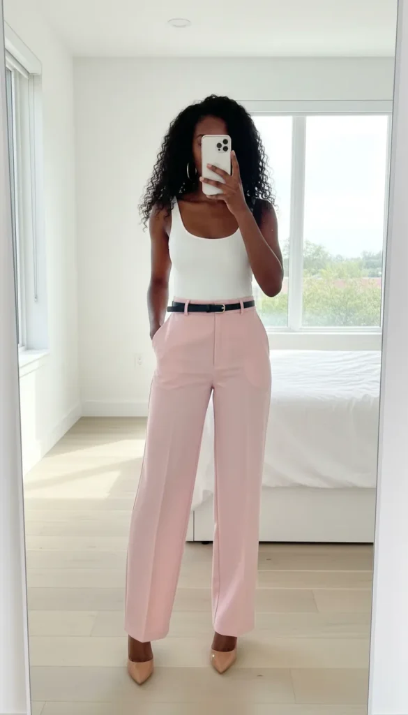 Black woman in white tank and light pink wide-leg pants with heels – All Pink Outfit Ideas for Black Women