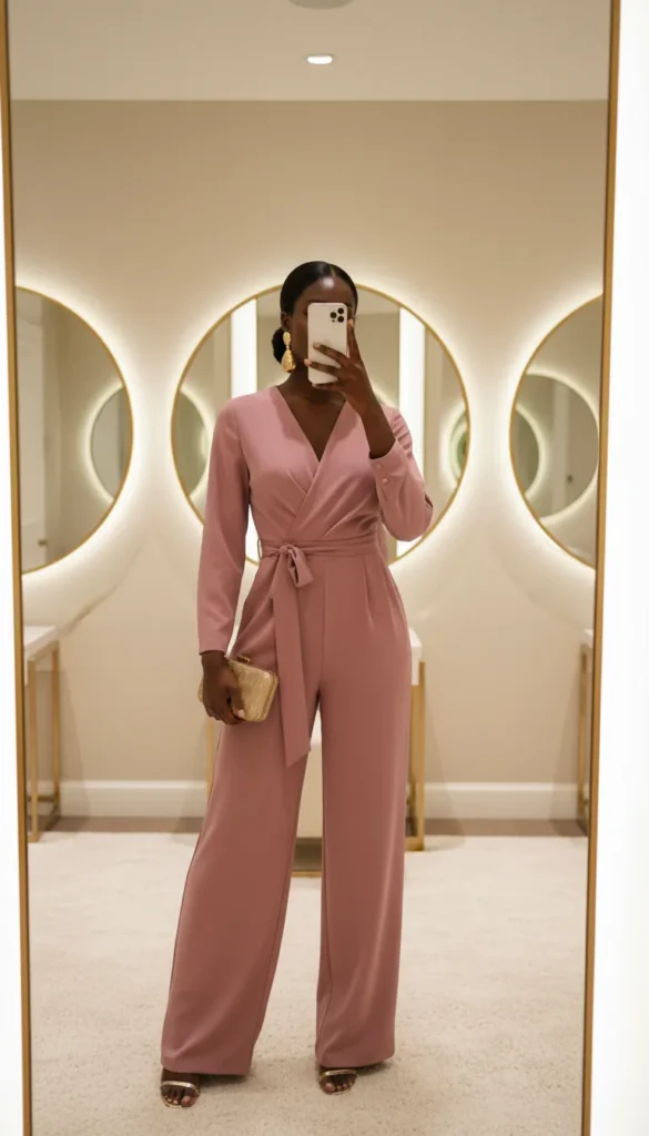 Black woman in mauve-pink wrap jumpsuit with gold clutch – All Pink Outfit Ideas for Black Women