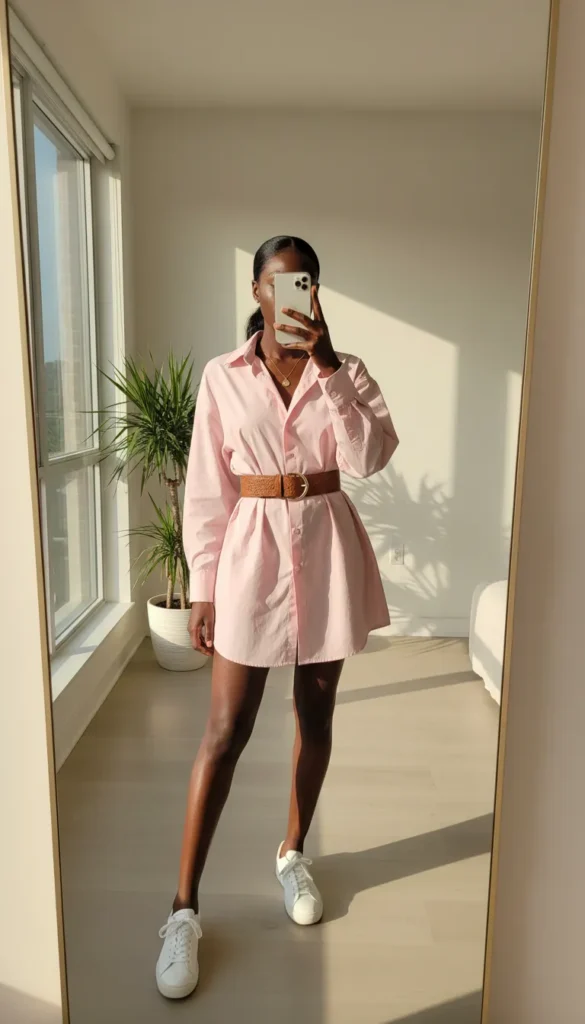 Black woman in pale pink belted shirt dress and white sneakers – All Pink Outfit Ideas for Black Women