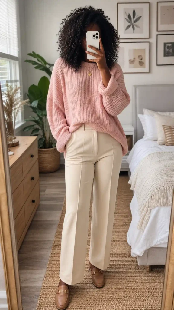 Black woman in oversized pastel pink sweater and cream pants – All Pink Outfit Ideas for Black Women