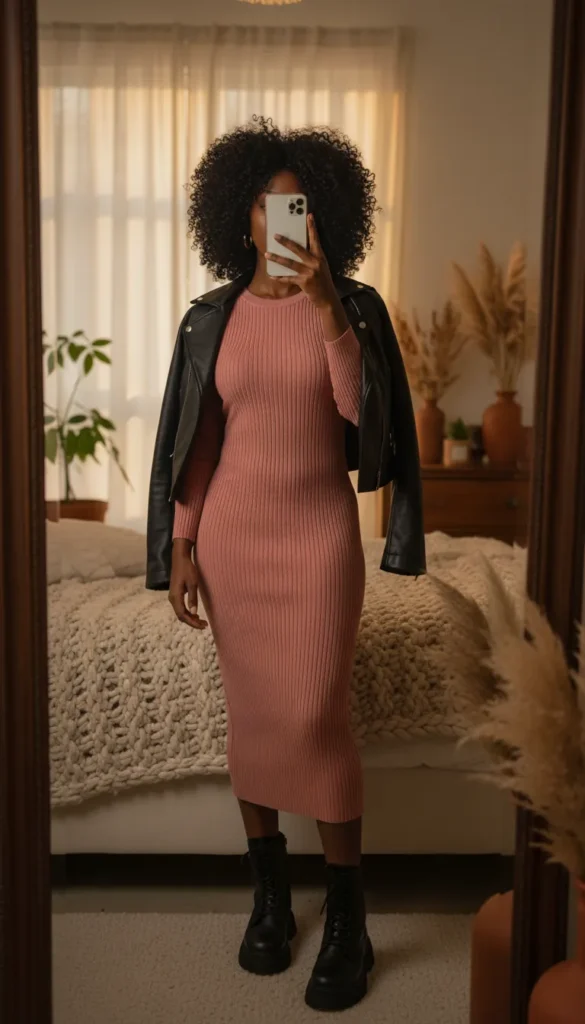 Black woman in pink ribbed knit midi dress and black combat boots – All Pink Outfit Ideas for Black Women