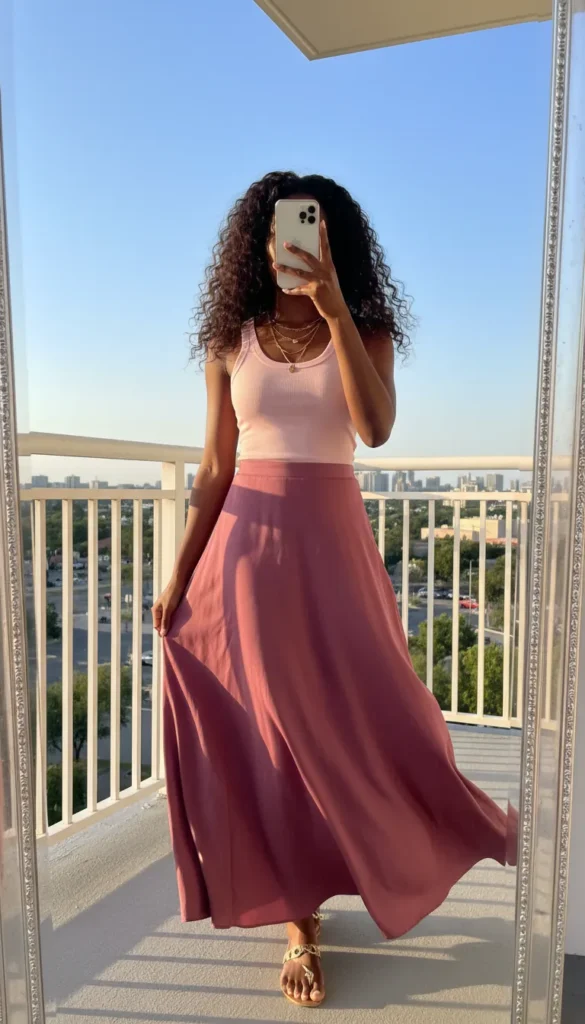 Black woman in pink ribbed tank and flowing mauve maxi skirt – All Pink Outfit Ideas for Black Women