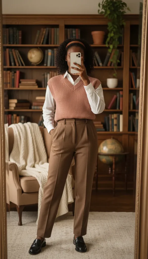 Black woman in pink sweater vest, white shirt and brown trousers – All Pink Outfit Ideas for Black Women