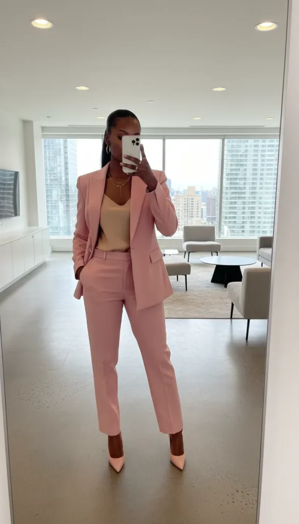 Black woman in rose-pink suit with beige top and heels – All Pink Outfit Ideas for Black Women