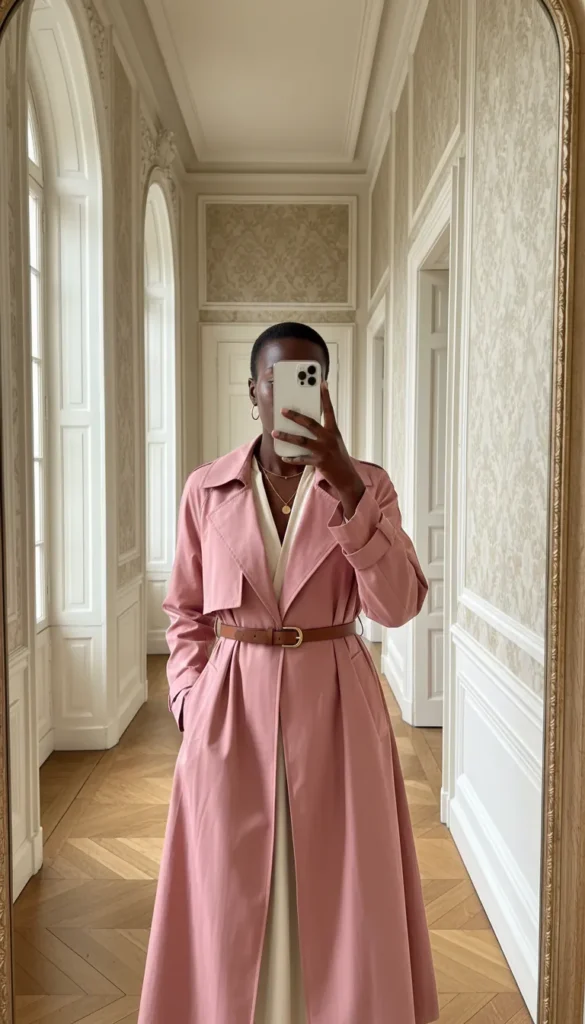 Black woman in long rose-pink trench coat over cream outfit – All Pink Outfit Ideas for Black Women