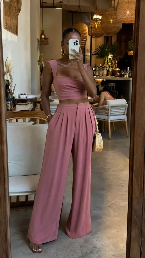 Black woman in soft pink crop top and matching wide-leg pants – All Pink Outfit Ideas for Black Women