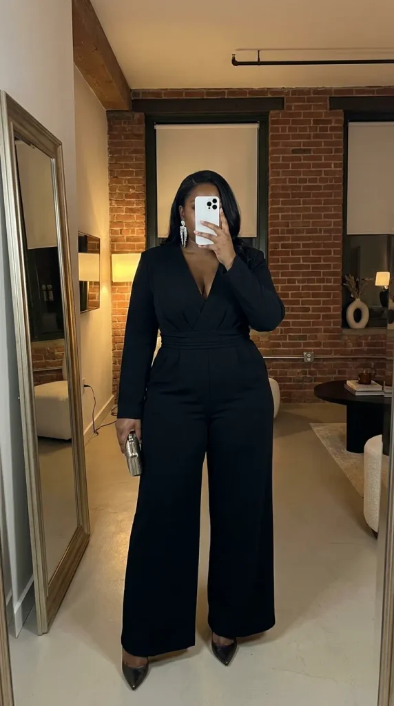 Plus size woman in black V-neck jumpsuit with statement earrings, bold New Year Eve Outfit Ideas for Plus Size Women outfit.