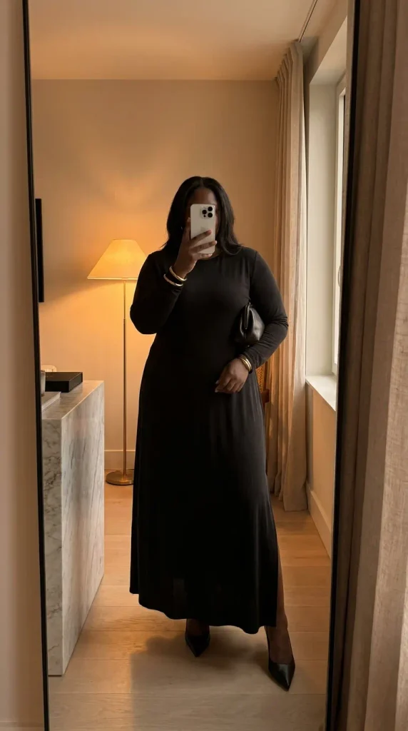 Curvy woman in long black maxi dress with side slit and minimal accessories, classic New Year Eve Outfit Ideas for Plus Size Women.
