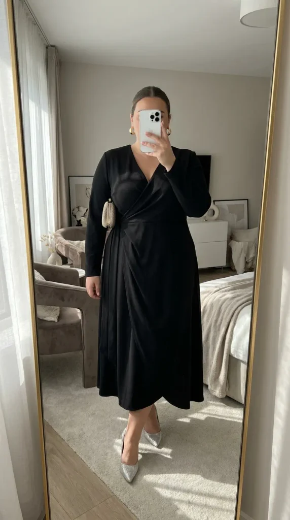 Woman in black wrap midi dress with sparkly silver heels, sophisticated New Year Eve Outfit Ideas for Plus Size Women style.