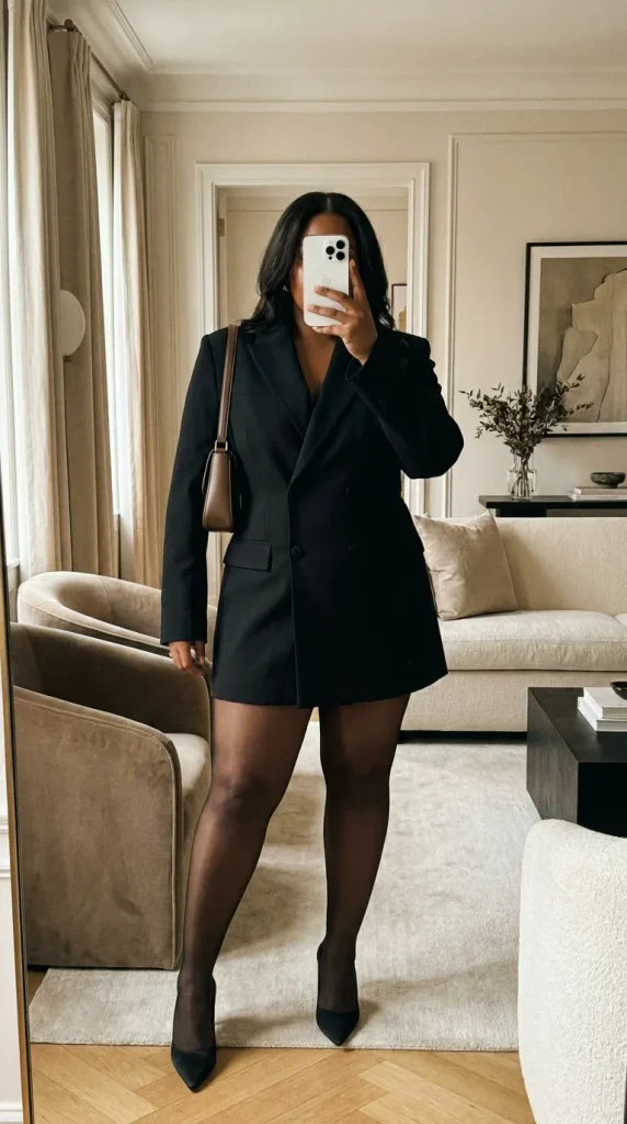 Curvy woman in black blazer dress with sheer tights and heels, modern New Year Eve Outfit Ideas for Plus Size Women look.