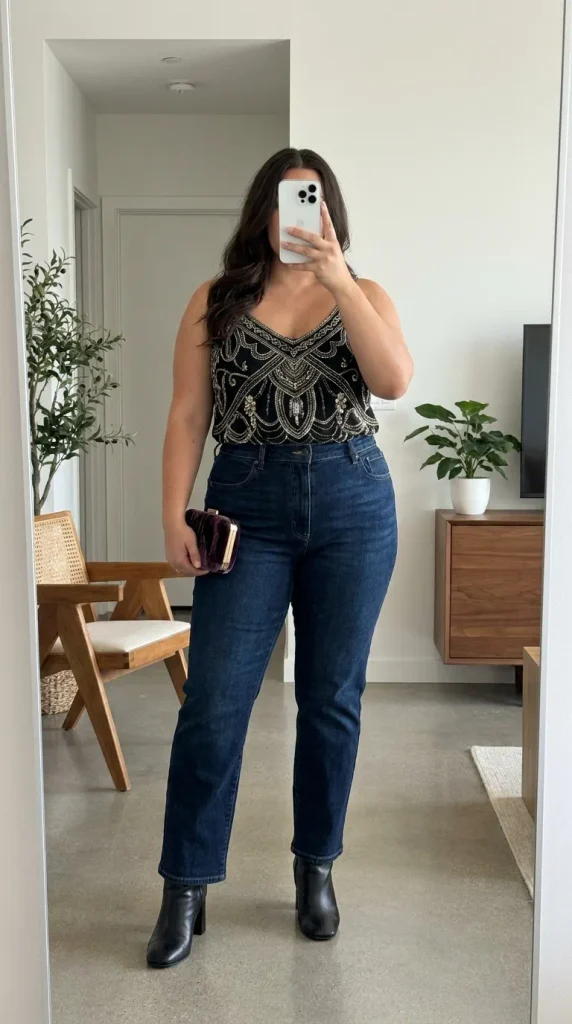 Plus size woman in black beaded top and dark wash jeans with boots, casual New Year Eve Outfit Ideas for Plus Size Women style.