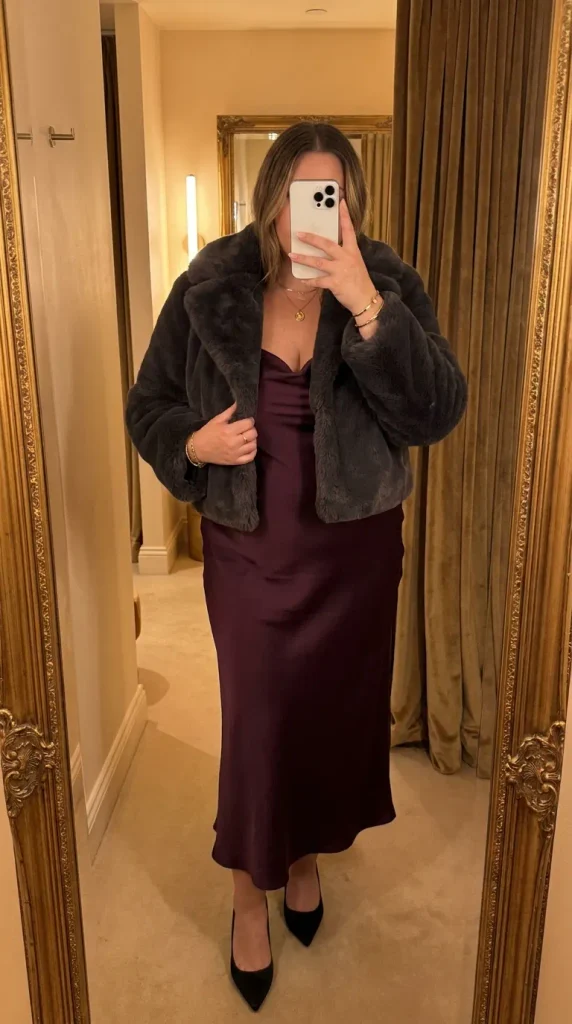 Woman in burgundy midi slip dress with cropped faux fur jacket, luxe New Year Eve Outfit Ideas for Plus Size Women look.