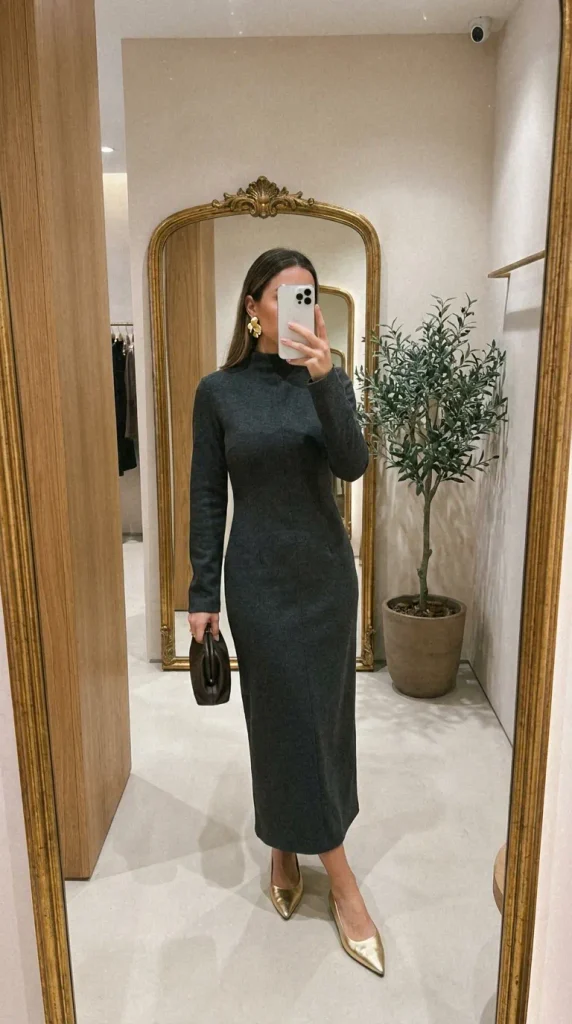 Plus size woman in charcoal mock-neck midi dress with metallic flats, sleek New Year Eve Outfit Ideas for Plus Size Women.