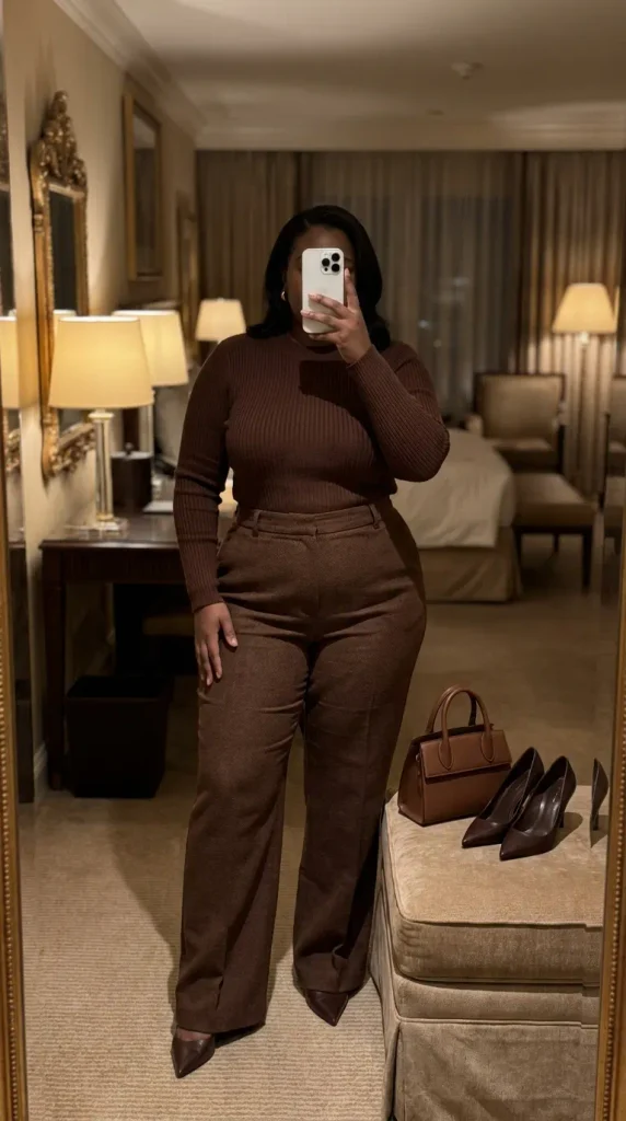 Woman in monochrome chocolate brown sweater and wide-leg pants, sleek New Year Eve Outfit Ideas for Plus Size Women ensemble.