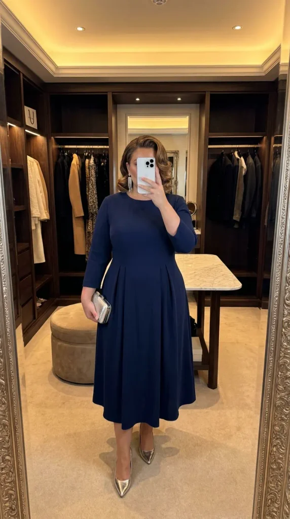 Plus size woman in navy midi dress with silver heels and clutch, refined New Year Eve Outfit Ideas for Plus Size Women outfit.