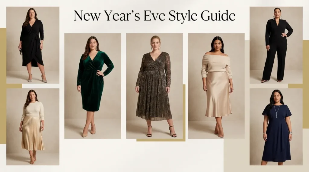 Collage of plus size models in elegant dresses and jumpsuits for New Year Eve Outfit Ideas for Plus Size Women style guide.