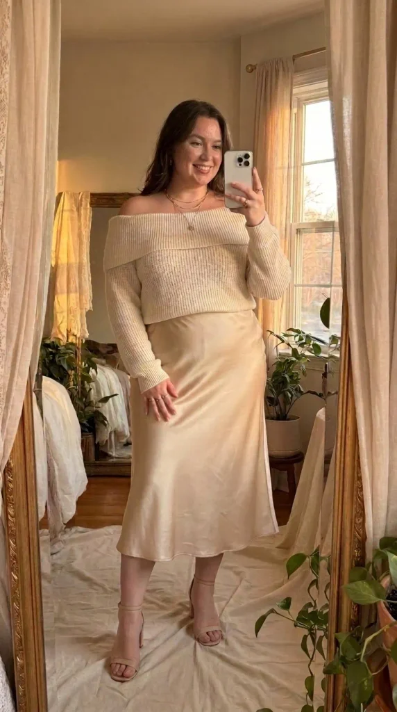 Smiling plus size woman in cream off-shoulder knit top and satin midi skirt, soft New Year Eve Outfit Ideas for Plus Size Women.