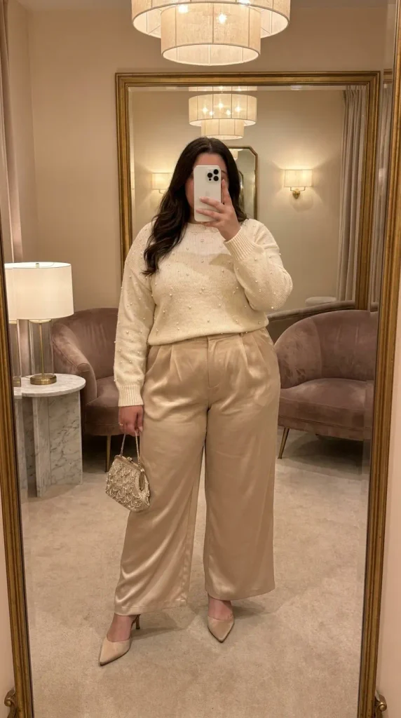 Woman in cream pearl-detail sweater and beige satin wide-leg pants, glam New Year Eve Outfit Ideas for Plus Size Women.