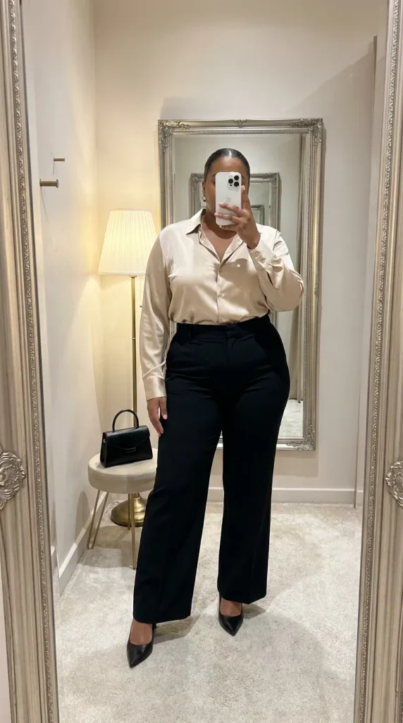 Plus size woman in champagne satin blouse and black wide-leg trousers, polished New Year Eve Outfit Ideas for Plus Size Women.