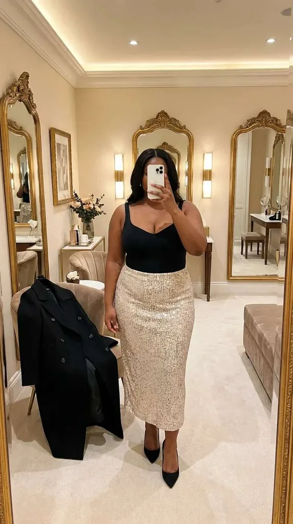 Plus size model in black bodysuit and gold sequin midi skirt with heels, glam New Year Eve Outfit Ideas for Plus Size Women.
