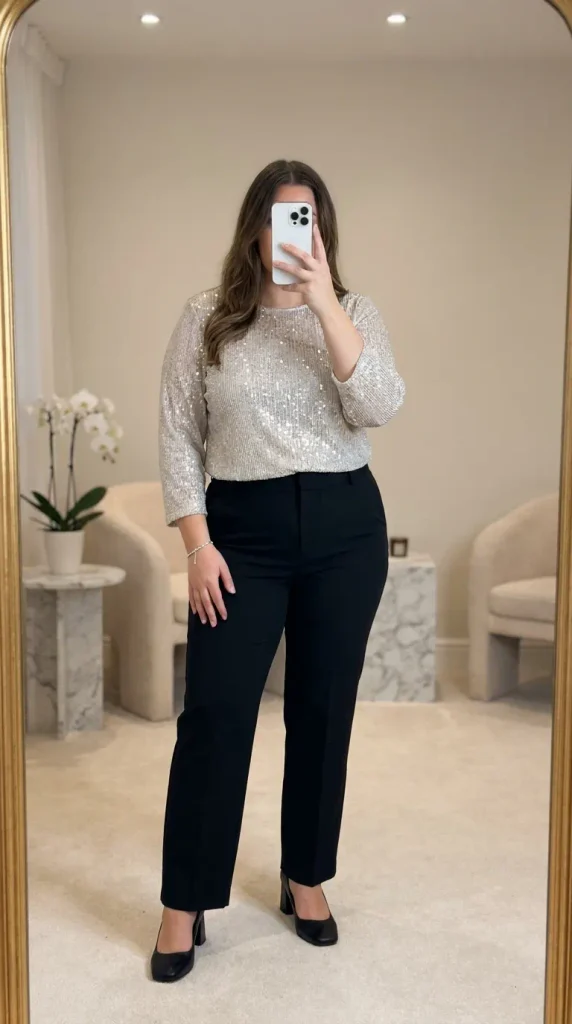 Curvy woman in silver sequin top and black straight-leg pants, festive New Year Eve Outfit Ideas for Plus Size Women look.