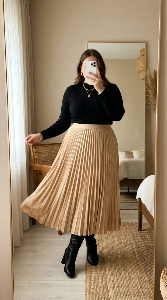 Plus size woman in black knit top and soft gold pleated midi skirt with boots, stylish New Year Eve Outfit Ideas for Plus Size Women.