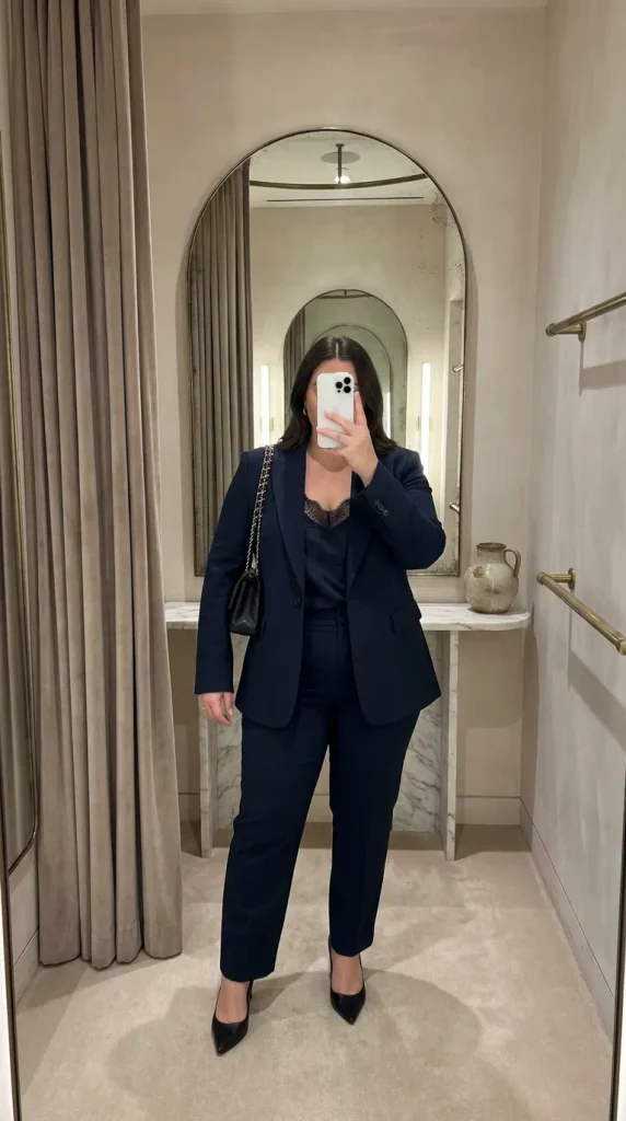 Plus size woman in navy tailored blazer, matching trousers and lace cami, elegant New Year Eve Outfit Ideas for Plus Size Women look.